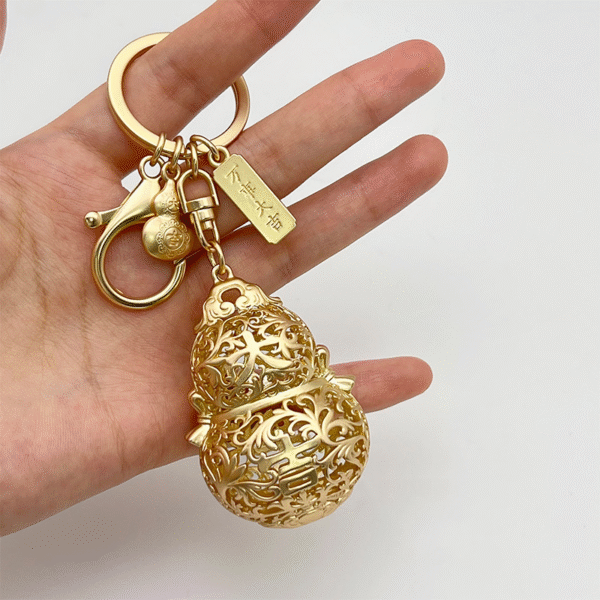Cultural & Creative Exquisite Hanging Ornament – Gold Auspicious Gourd Hollow Carved Pattern Keychain - Image 2